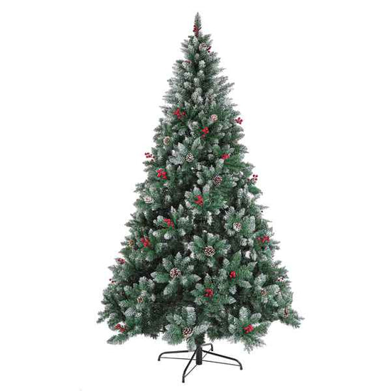 A pre-lit artificial Christmas tree with a flocked white finish, decorated with small pinecones and red berries, standing on a black metal stand against a plain white background.