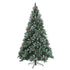 A pre-lit artificial Christmas tree with a flocked white finish, decorated with small pinecones and red berries, standing on a black metal stand against a plain white background.