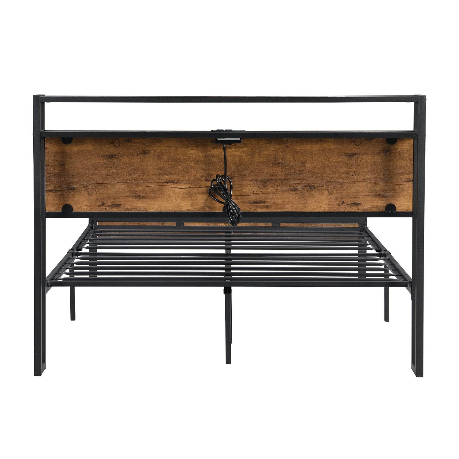 Queen Size Metal Platform Bed Frame with Wooden Headboard and Footboard with USB LINER, No Box Spring Needed, Large Under Bed Storage