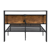 Queen Size Metal Platform Bed Frame with Wooden Headboard and Footboard with USB LINER, No Box Spring Needed, Large Under Bed Storage