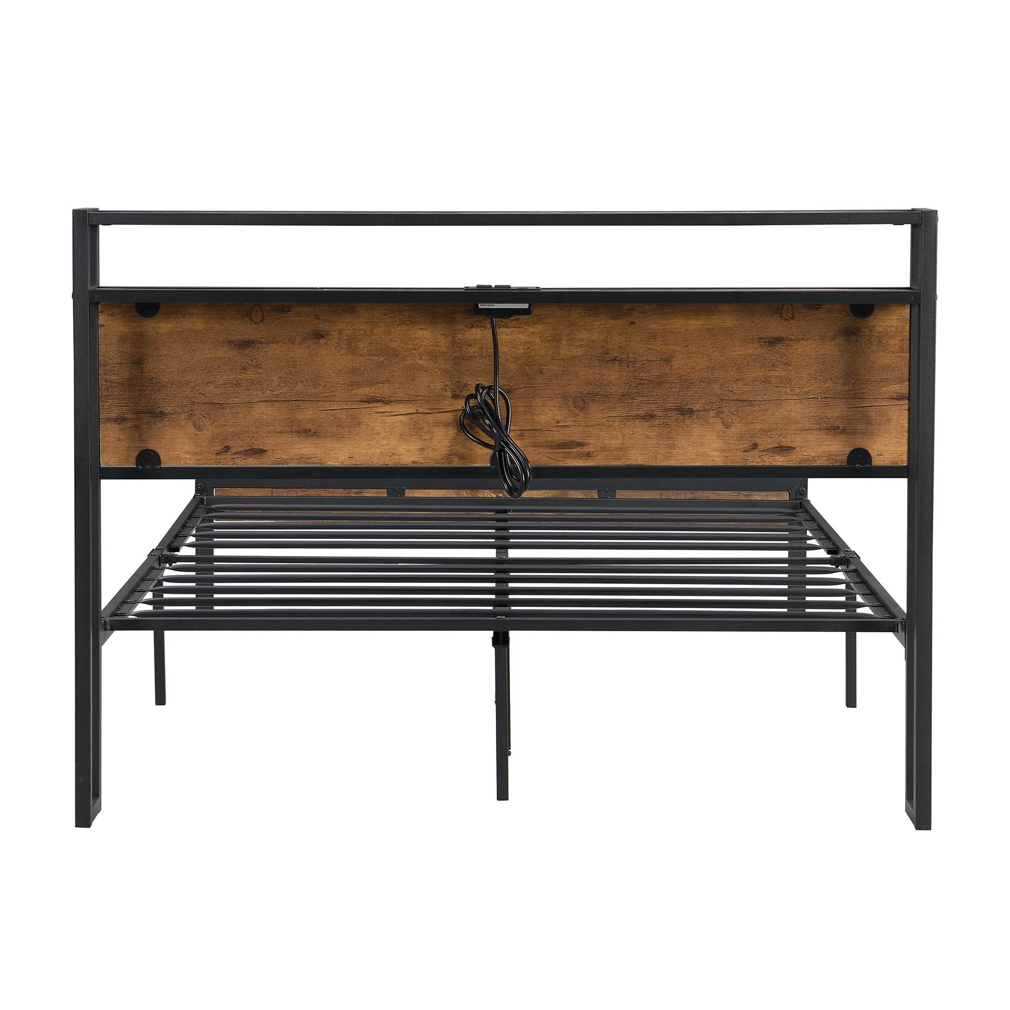 Queen Size Metal Platform Bed Frame with Wooden Headboard and Footboard with USB LINER, No Box Spring Needed, Large Under Bed Storage