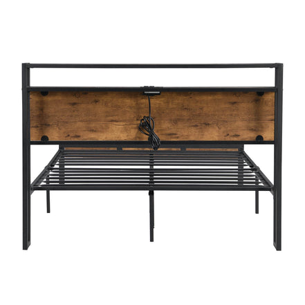 Queen Size Metal Platform Bed Frame with Wooden Headboard and Footboard with USB LINER, No Box Spring Needed, Large Under Bed Storage
