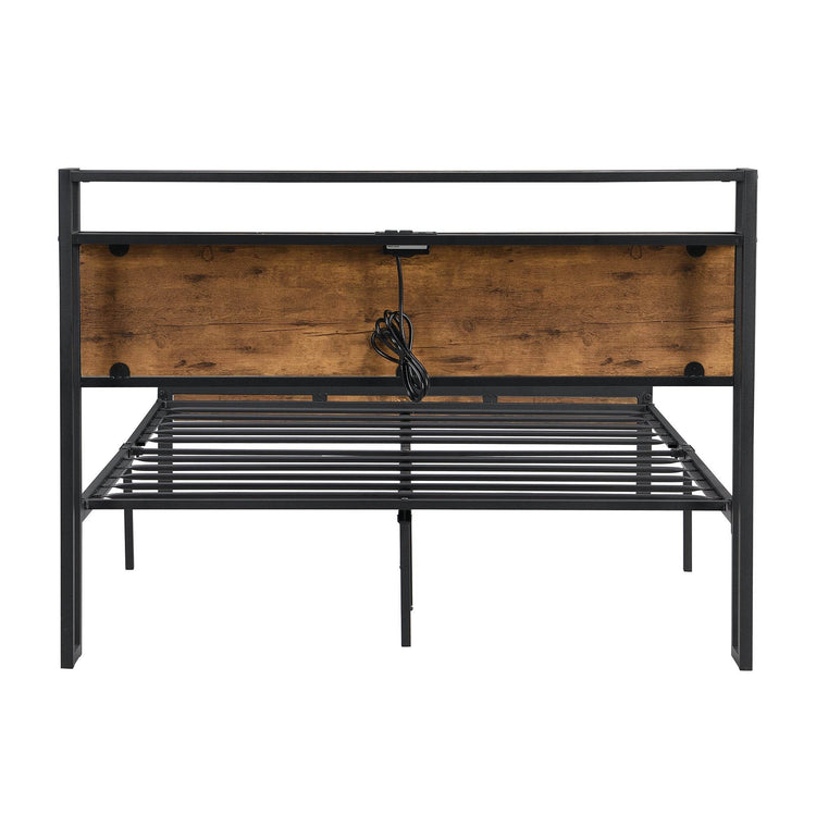 Queen Size Metal Platform Bed Frame with Wooden Headboard and Footboard with USB LINER, No Box Spring Needed, Large Under Bed Storage