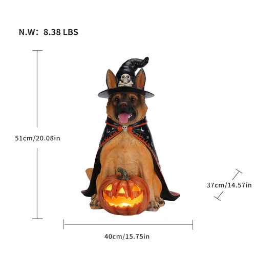 German Shepherd dog figurine dressed as a witch with a glowing jack-o&