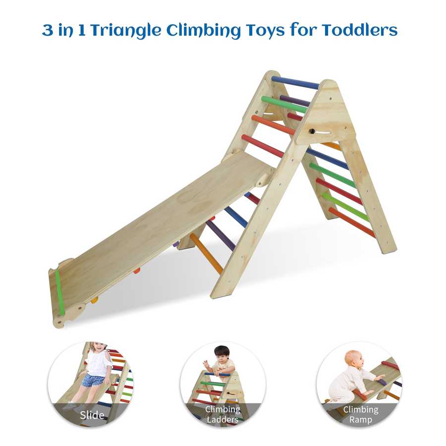 3-in-1 triangle climbing toy for toddlers with slide, climbing ladder, and ramp features.