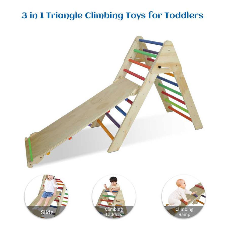3-in-1 triangle climbing toy for toddlers with slide, climbing ladder, and ramp features.