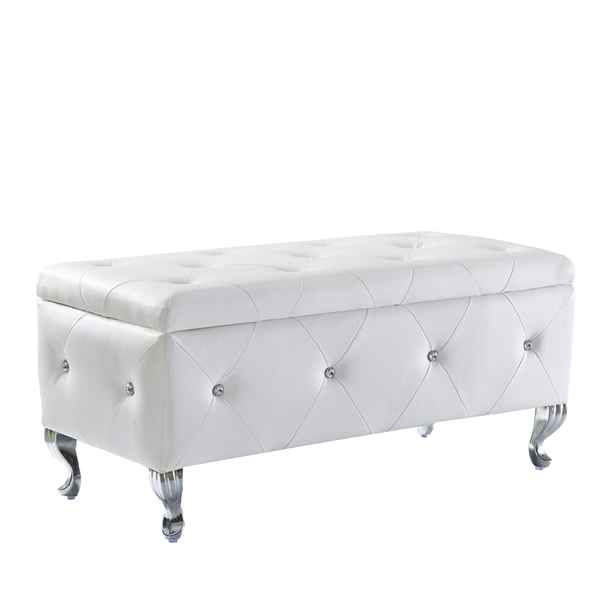 White tufted storage bench with decorative buttons on a white background
