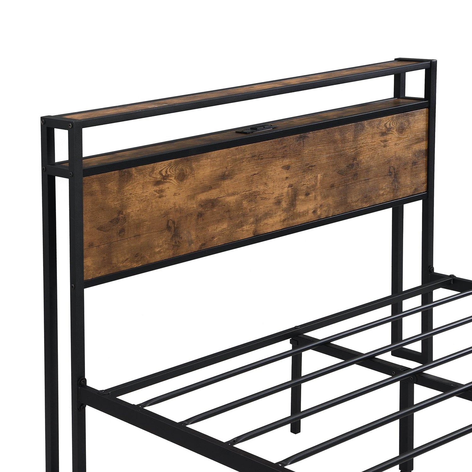 Queen Size Metal Platform Bed Frame with Wooden Headboard and Footboard with USB LINER, No Box Spring Needed, Large Under Bed Storage