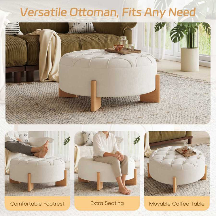 White ottoman with wooden legs in a living room setting, showcasing its versatility.