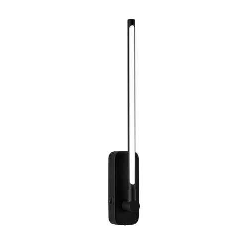 A modern black wall-mounted linear LED light fixture with a slim vertical bar and a rectangular mounting base, shown against a plain white background.