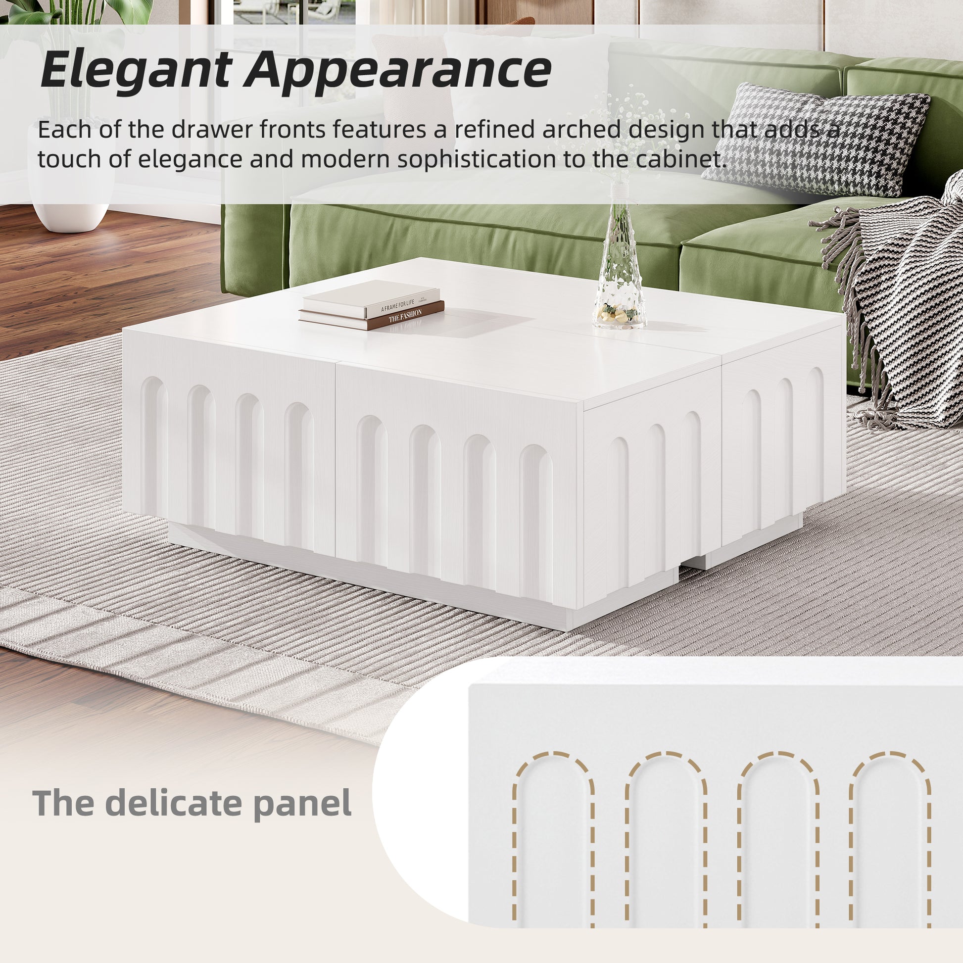Close-up of Modern Coffee Table from TV Stand and Coffee Table Set, showcasing elegant arched drawer panels and modern design.
