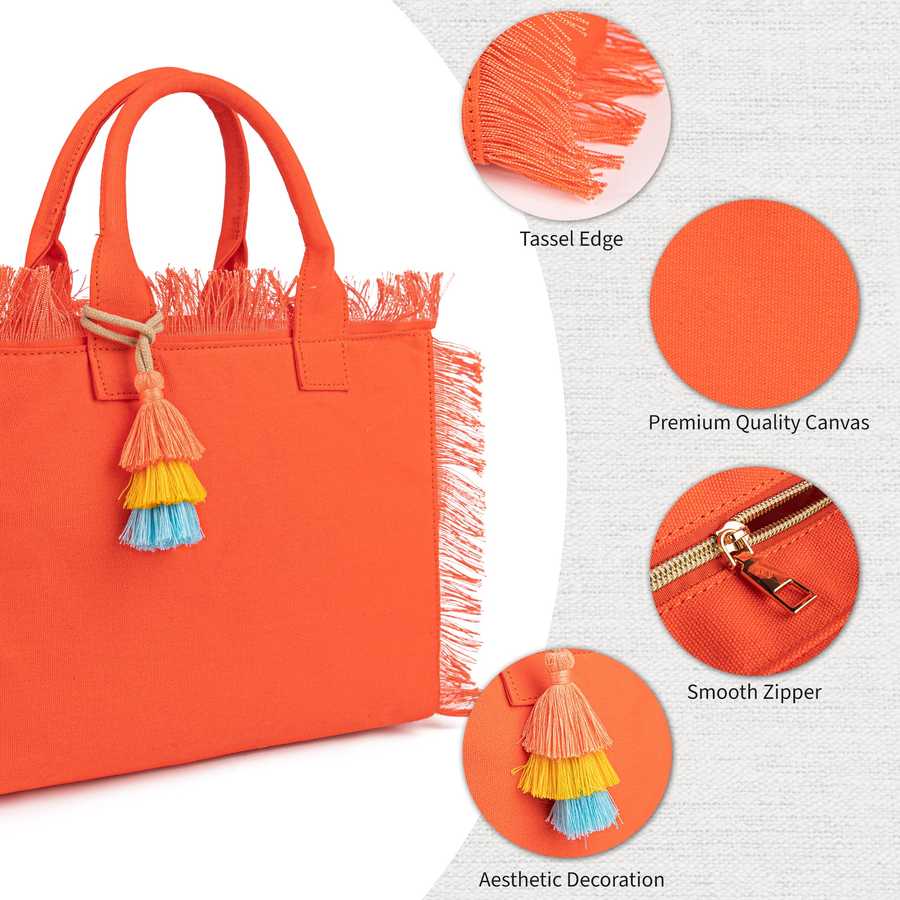 Orange tote bag with tassel edge, premium quality canvas, smooth zipper, and aesthetic decoration on a white background.