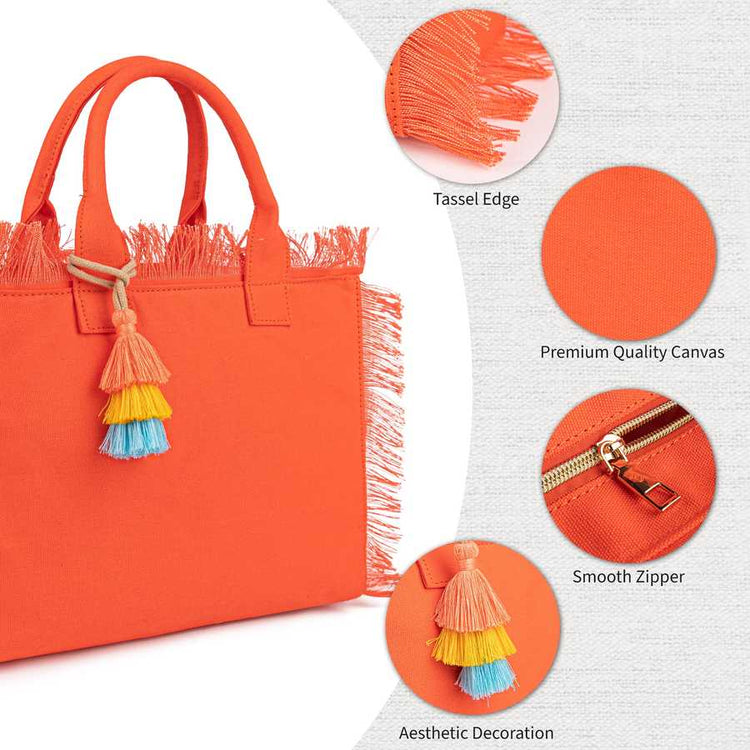 Orange tote bag with tassel edge, premium quality canvas, smooth zipper, and aesthetic decoration on a white background.