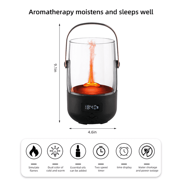 A digital aromatherapy candle lamp with a clear glass body, copper-colored handle, black base, and blue LED display, shown on a white background with dimension labels and feature icons.