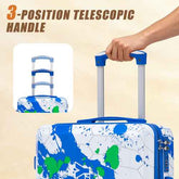 A blue, white, and green patterned rolling suitcase with an extended telescopic handle being held by a person&