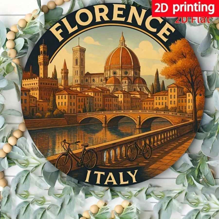 A round decorative print or coaster featuring an illustrated view of Florence, Italy, with the word &
