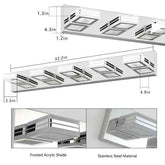 Technical dimension diagram of a linear ceiling light fixture with three adjustable square LED modules, showing measurements in inches and close-up detail panels labeled frosted acrylic shade and stainless steel material.