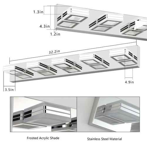 Technical dimension diagram of a linear ceiling light fixture with three adjustable square LED modules, showing measurements in inches and close-up detail panels labeled frosted acrylic shade and stainless steel material.
