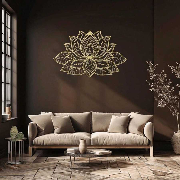 Iron Mandala Wall Art in gold above a beige sofa in a cozy living room. Blends intricate lotus design with warm, zen-inspired decor.