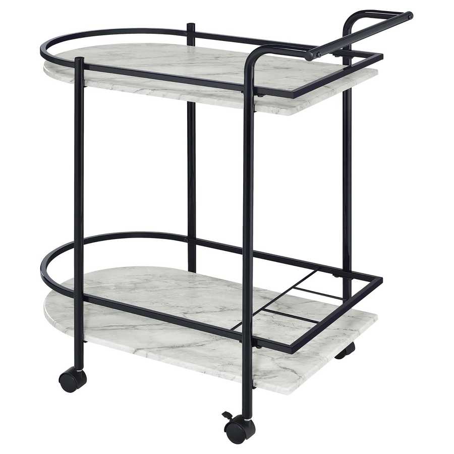 Angled view of faux marble serving cart with wine rack showing curved shelf edges and built-in wine storage section.