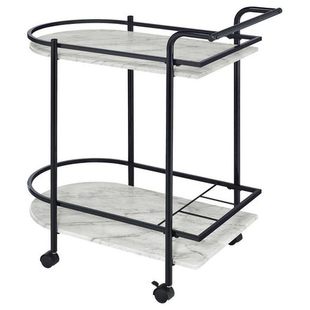 Angled view of faux marble serving cart with wine rack showing curved shelf edges and built-in wine storage section.