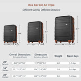 Three suitcases of different sizes with dimensions and travel days information on a gray background.