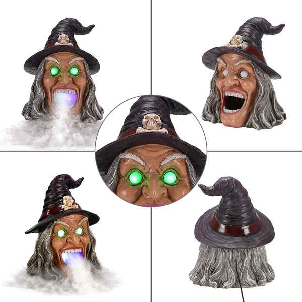 Close-up of witch head with glowing green eyes, wide open mouth with mist fog, black hat with skull, detailed facial expression