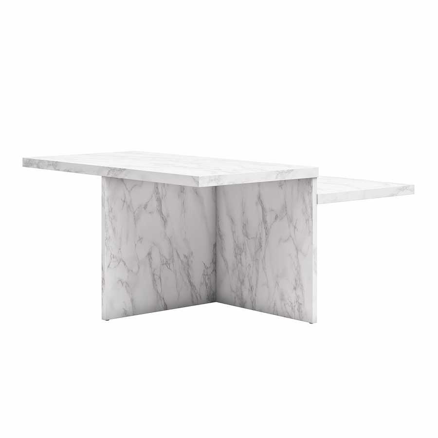 Side view of Brielle Coffee Table - Faux Marble with intersecting panels and clean lines, perfect for modern accent table setups.