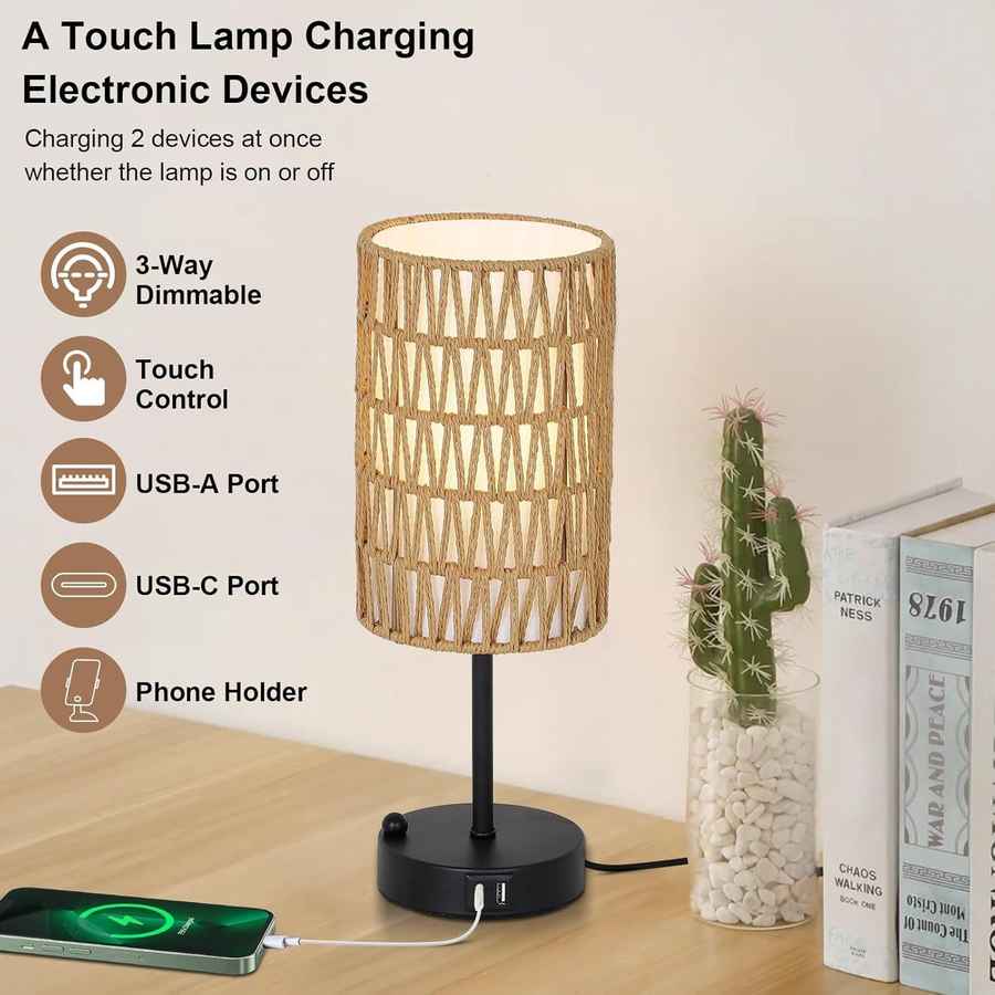 Table lamp with USB ports on a wooden surface with a cactus and books in the background.