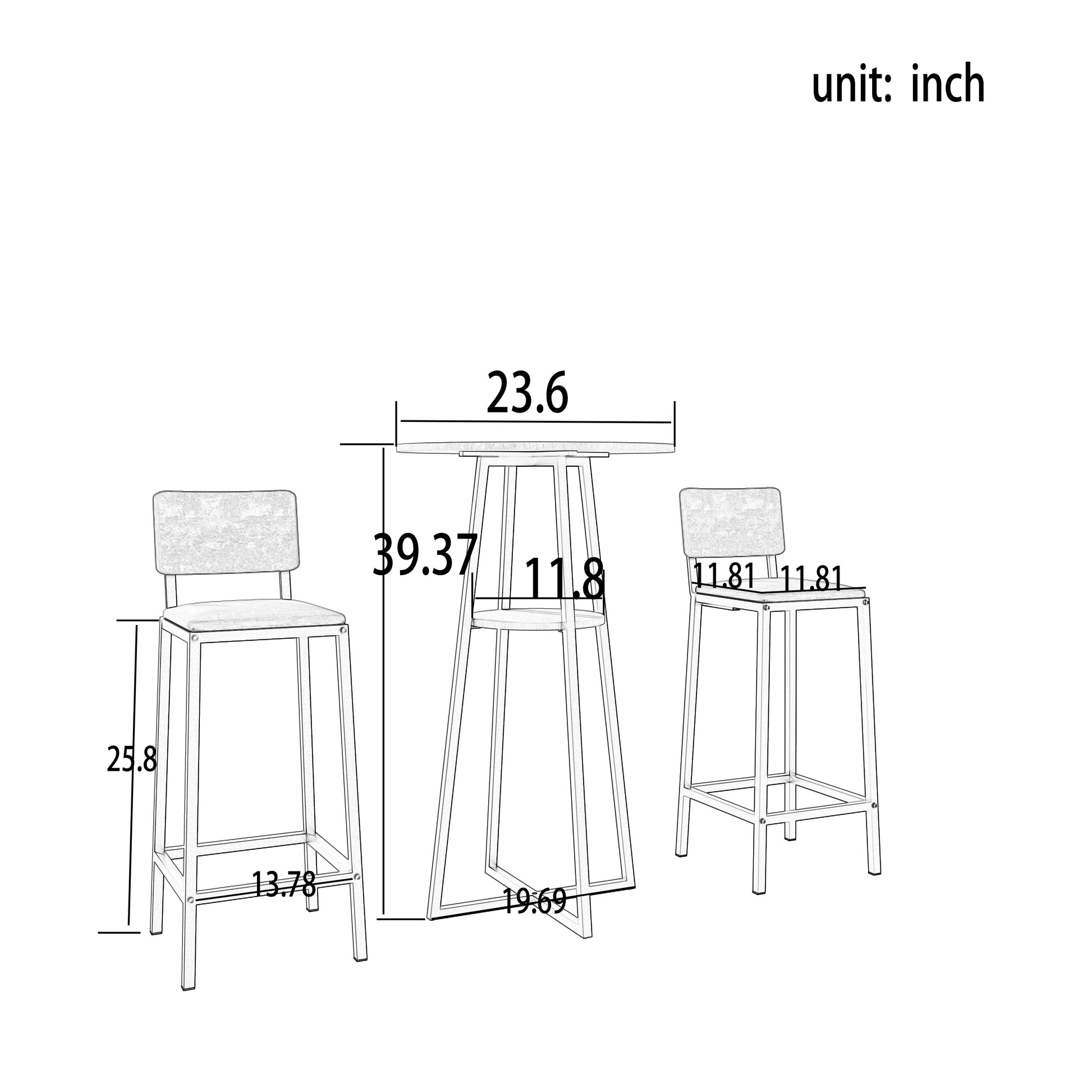 Dimension diagram of Bar Table and Chairs Set, showing measurements in inches for table height, tabletop diameter, and stool size.