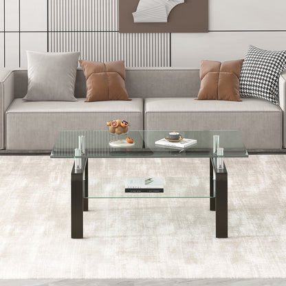 Modern Tempered Clear Glass Coffee Table with 2-Layers and Waterfall Edges for Living Room