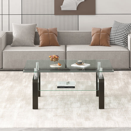 Modern Tempered Clear Glass Coffee Table with 2-Layers and Waterfall Edges for Living Room