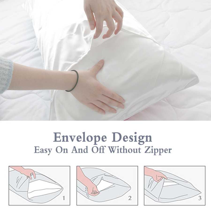 Person holding a white pillow with an envelope design, showing ease of use without a zipper.