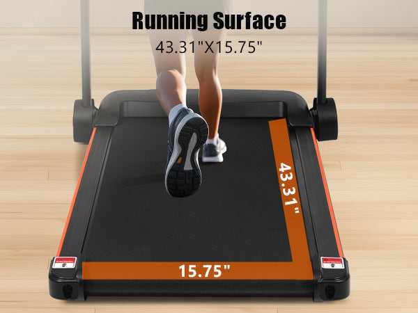 Running surface of treadmill measuring 43.31 x 15.75 inches