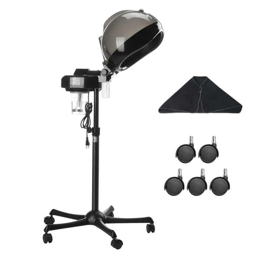 Black ionic hair steamer with adjustable stand, hood, and included wheels for mobility