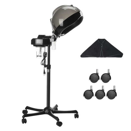 Black ionic hair steamer with adjustable stand, hood, and included wheels for mobility