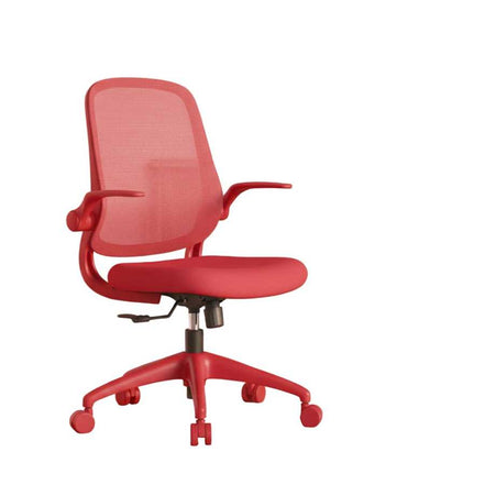Red office chair in a room with a desk and cabinets.