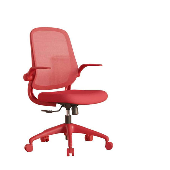 Red office chair in a room with a desk and cabinets.