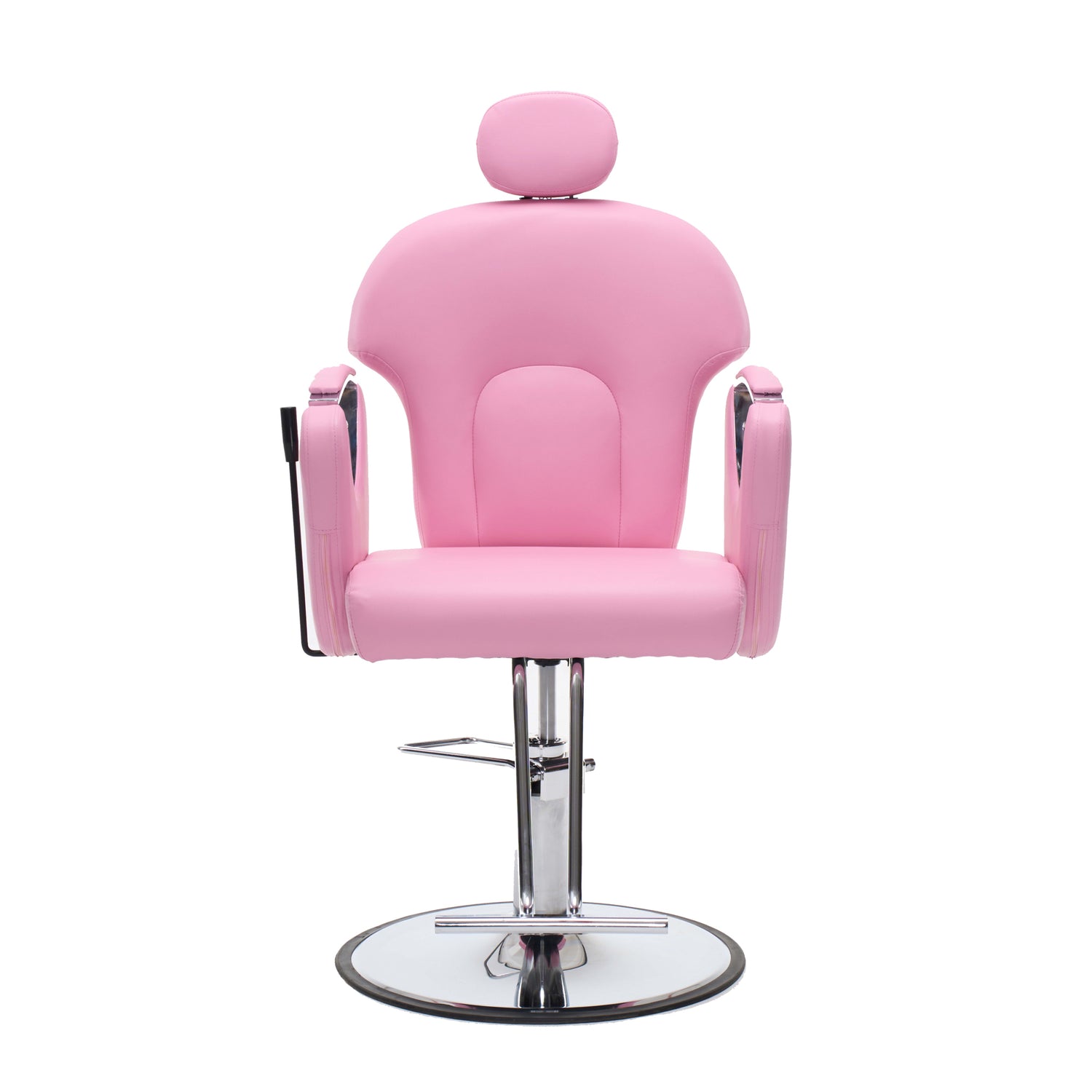 A pink upholstered salon barber chair with a matching headrest, chrome height-adjustable pedestal base, and circular footrest, shown on a plain white background.