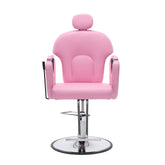 A pink upholstered salon barber chair with a matching headrest, chrome height-adjustable pedestal base, and circular footrest, shown on a plain white background.
