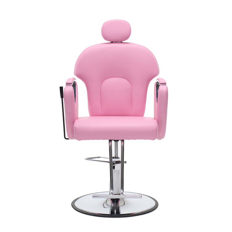 A pink upholstered salon barber chair with a matching headrest, chrome height-adjustable pedestal base, and circular footrest, shown on a plain white background.