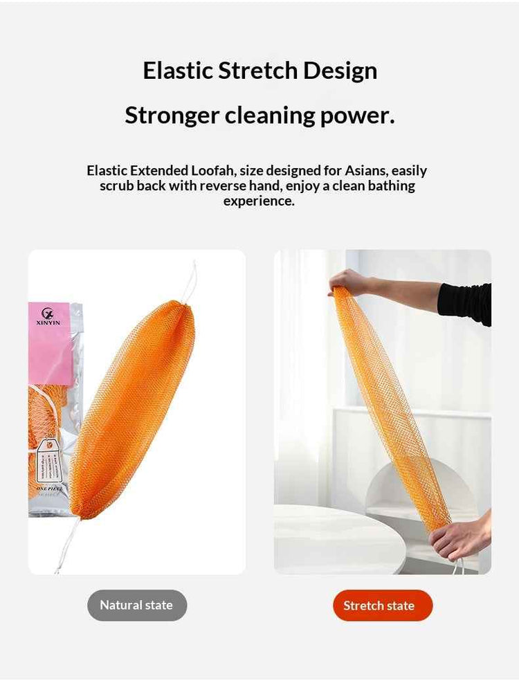 An orange mesh bath sponge shown in two states: natural and stretched. The left panel shows the sponge next to its packaging, while the right panel shows a person stretching the sponge to demonstrate its elastic property.