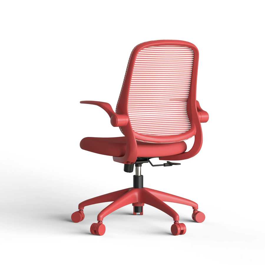 Red office chair with mesh back on a white background