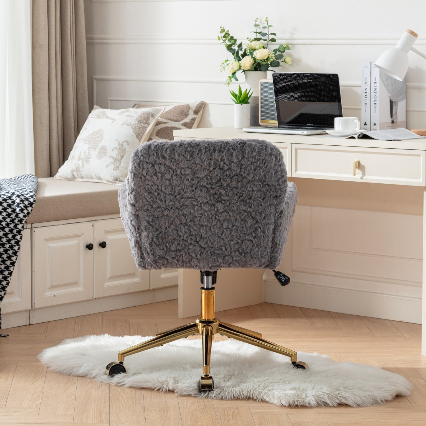 Furniture Office Chair,Artificial rabbit hair Home Office Chair with Golden Metal Base,Adjustable Desk Chair Swivel Office Chair,Vanity Chair(Gray)