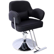 Durable Salon Styling Chair for Hair Professionals featuring adjustable height, padded armrests, and stainless steel footrest.