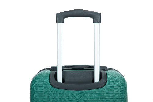 Close-up of a green hard-shell rolling suitcase with the telescoping handle extended, showing the dark gray handle grip and black trim against a white background.