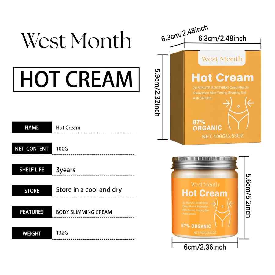 West Month Hot Cream packaging with dimensions and product details on a white background