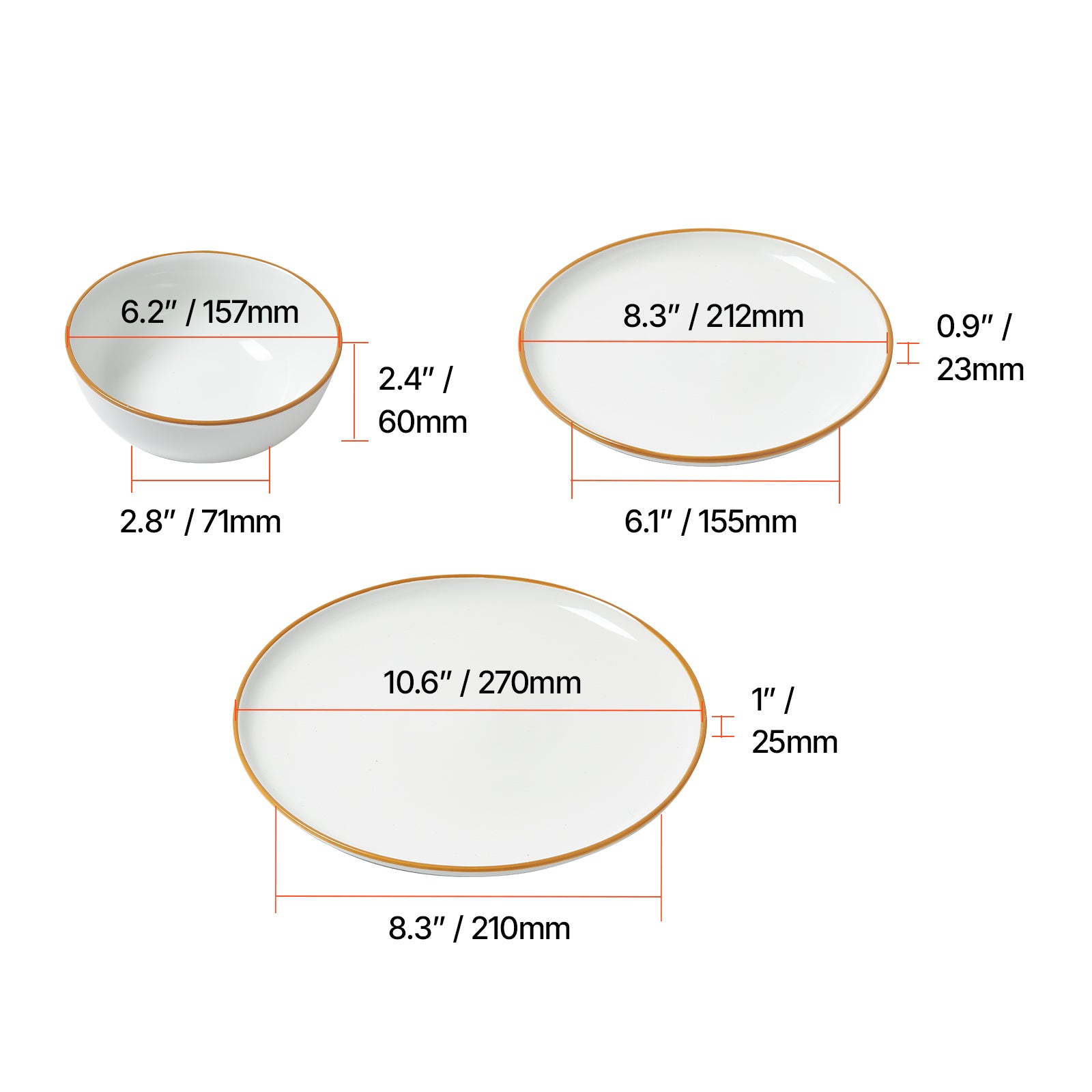 Size chart of 12 PCS Ceramic Dinnerware Set for 4 showing dimensions of plates and bowls for accurate selection.