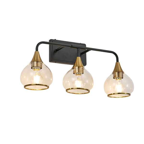 Three-light wall sconce with gold fixtures and clear glass shades on a white background