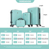 Set of teal suitcases with dimensions and weight labels on a white background